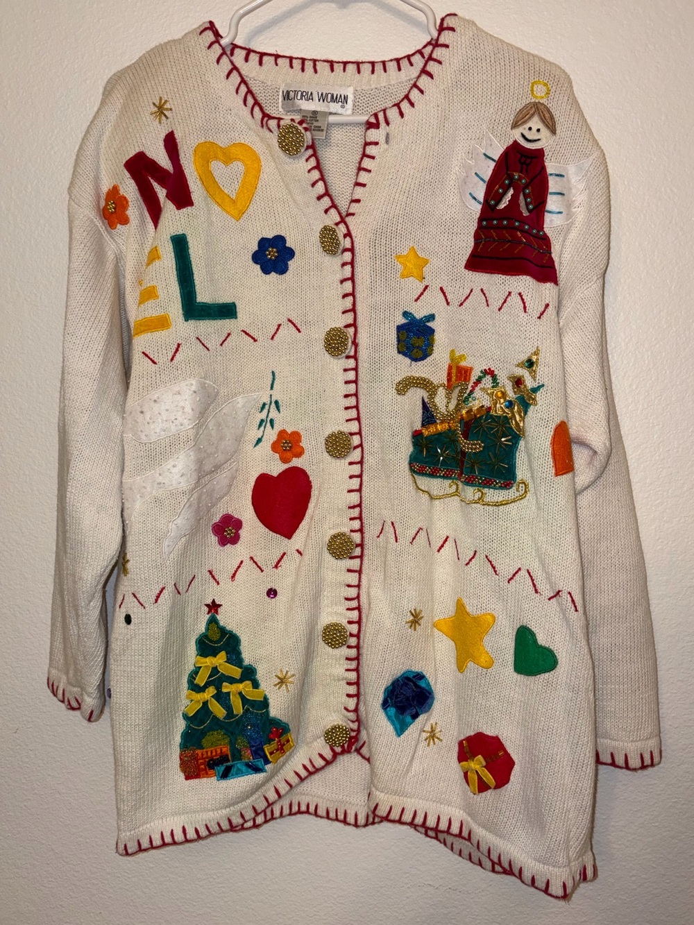 Vintage 90s Ugly Christmas Sweater Cardigan Victoria Woman 1X Noel Angel Sleigh
